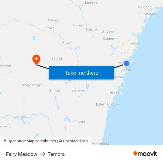 Fairy Meadow to Temora map