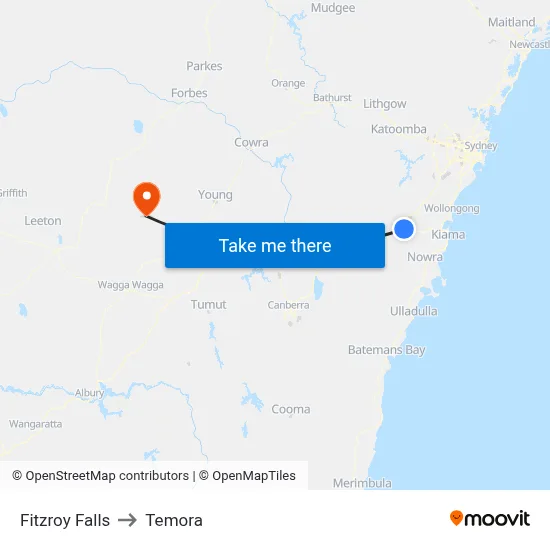 Fitzroy Falls to Temora map