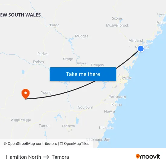 Hamilton North to Temora map