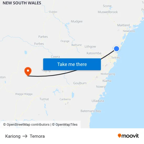 Kariong to Temora map