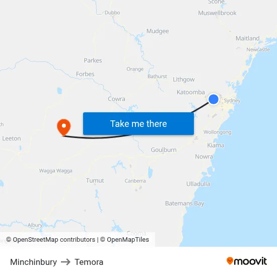 Minchinbury to Temora map
