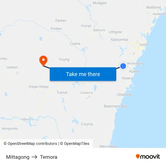 Mittagong to Temora map