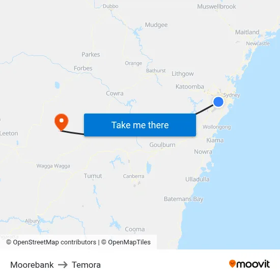 Moorebank to Temora map
