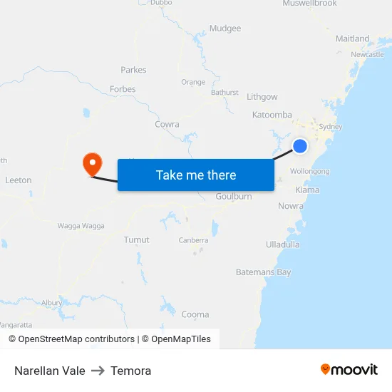 Narellan Vale to Temora map