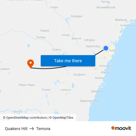 Quakers Hill to Temora map