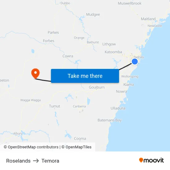 Roselands to Temora map