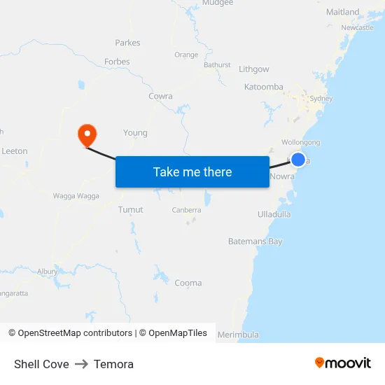 Shell Cove to Temora map