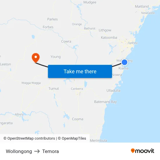 Wollongong to Temora map