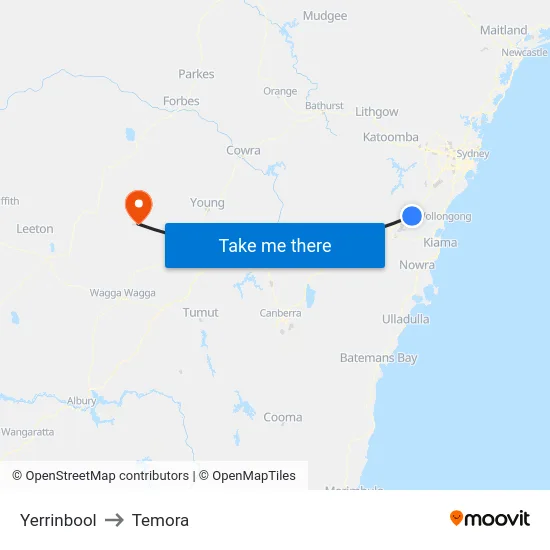 Yerrinbool to Temora map