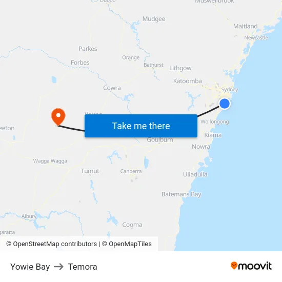 Yowie Bay to Temora map