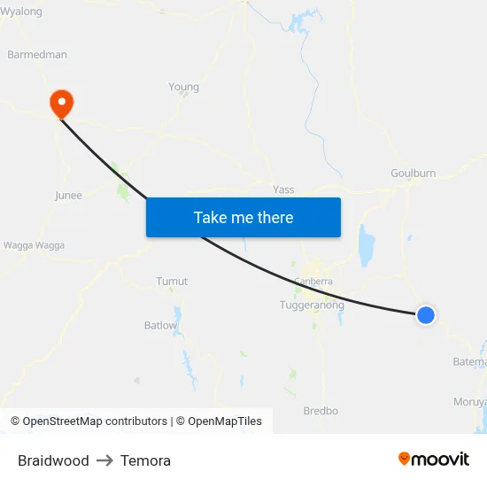 Braidwood to Temora map