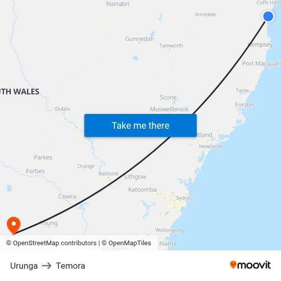 Urunga to Temora map