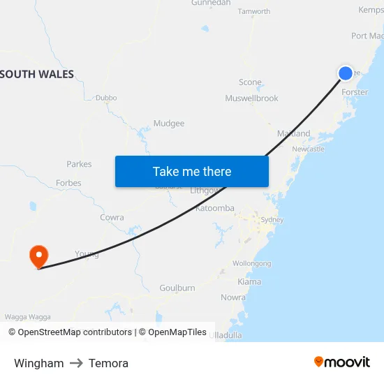 Wingham to Temora map