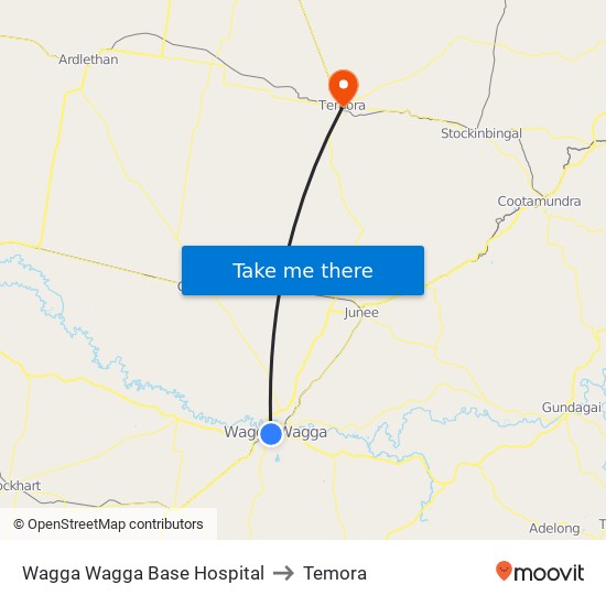 Wagga Wagga Base Hospital to Temora map