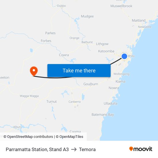 Parramatta Station, Stand A3 to Temora map