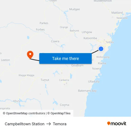 Campbelltown Station to Temora map