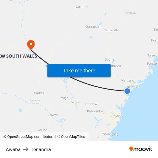 Awaba to Tenandra map