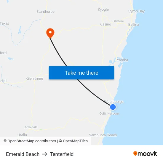 Emerald Beach to Tenterfield map
