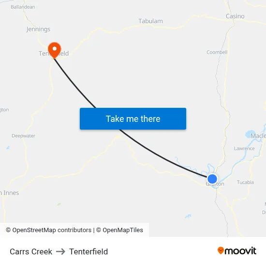 Carrs Creek to Tenterfield map
