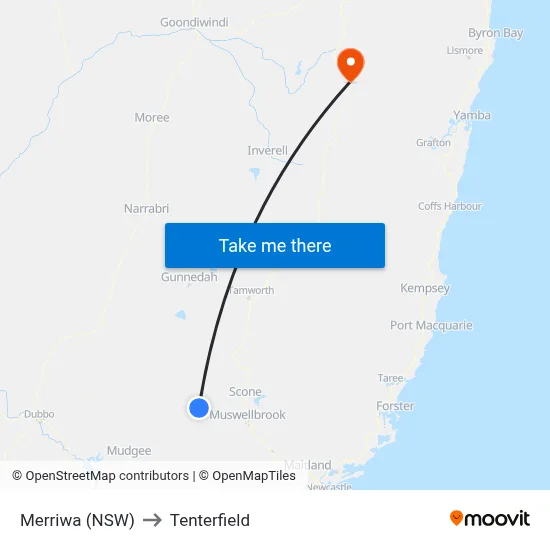 Merriwa (NSW) to Tenterfield map
