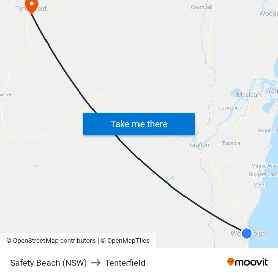 Safety Beach (NSW) to Tenterfield map