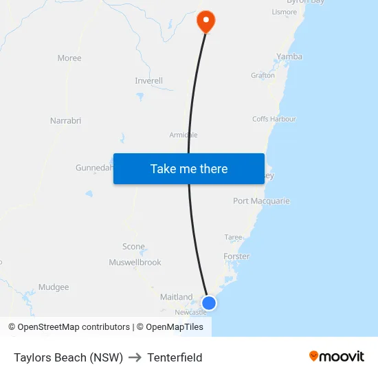 Taylors Beach (NSW) to Tenterfield map