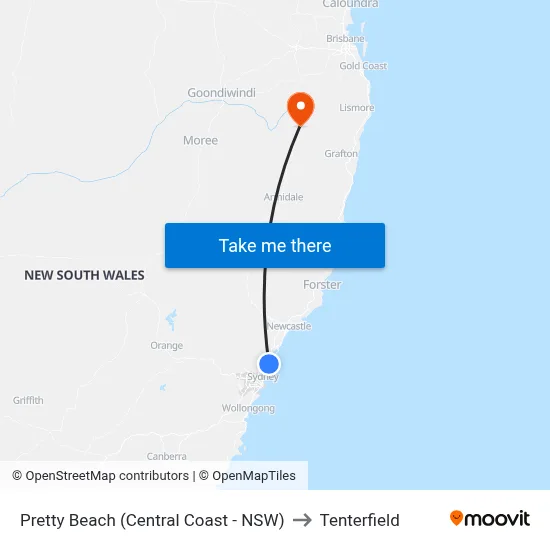 Pretty Beach (Central Coast - NSW) to Tenterfield map
