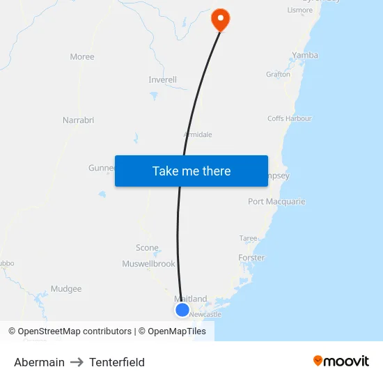 Abermain to Tenterfield map