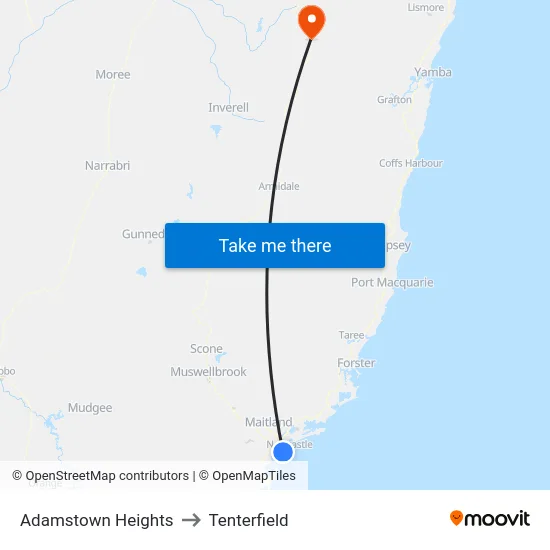Adamstown Heights to Tenterfield map