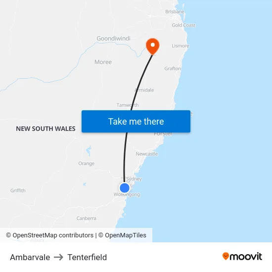 Ambarvale to Tenterfield map