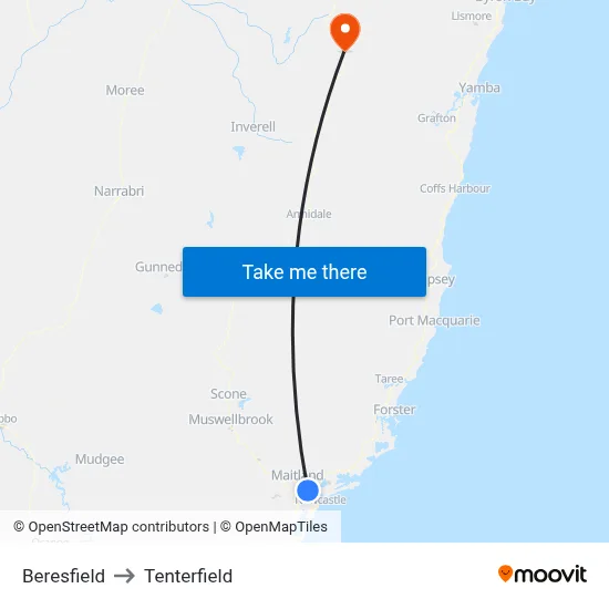 Beresfield to Tenterfield map
