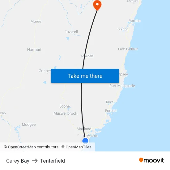 Carey Bay to Tenterfield map