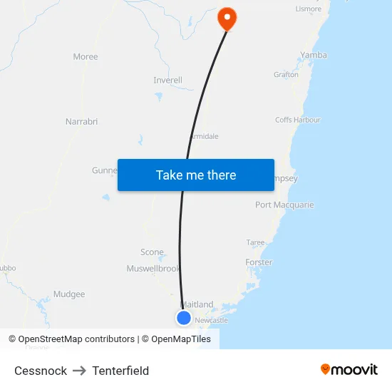 Cessnock to Tenterfield map