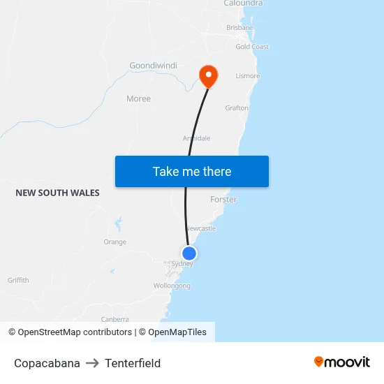 Copacabana to Tenterfield map