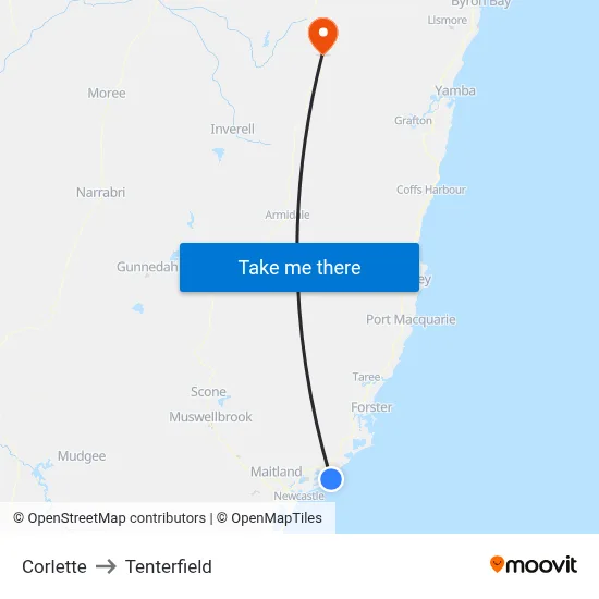 Corlette to Tenterfield map