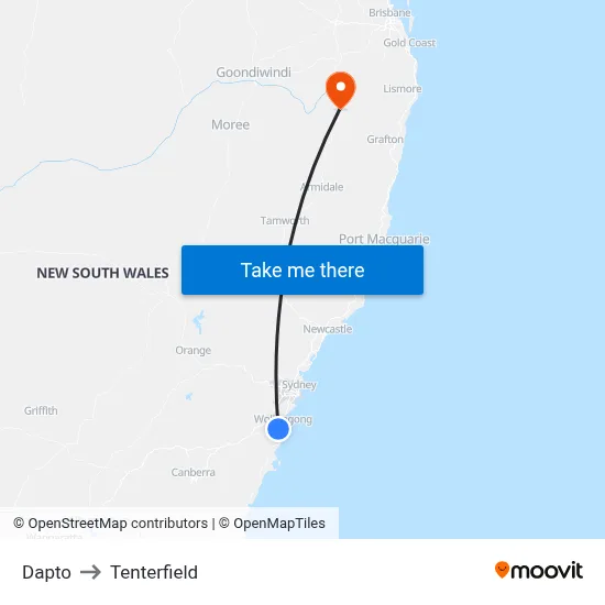 Dapto to Tenterfield map