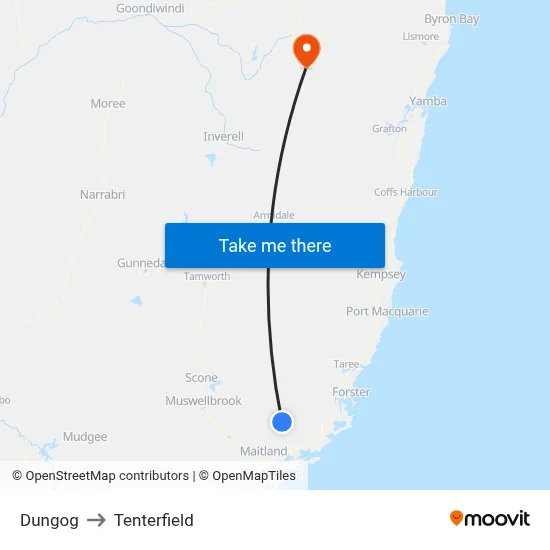 Dungog to Tenterfield map