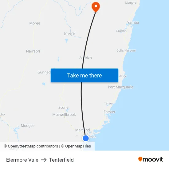 Elermore Vale to Tenterfield map