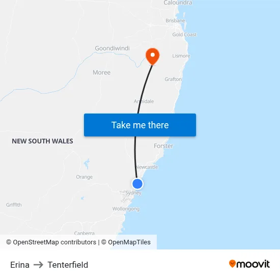Erina to Tenterfield map