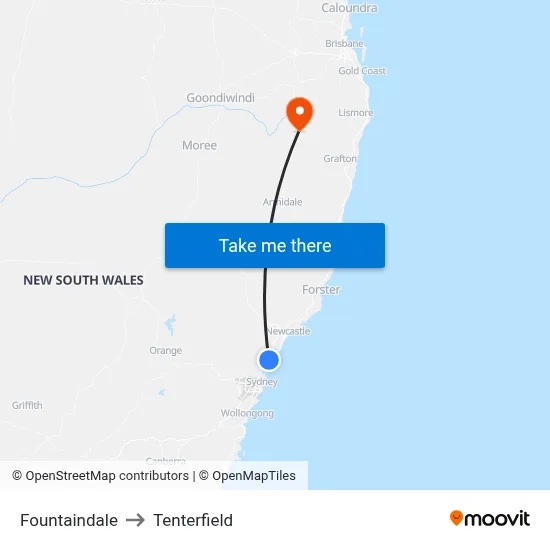 Fountaindale to Tenterfield map