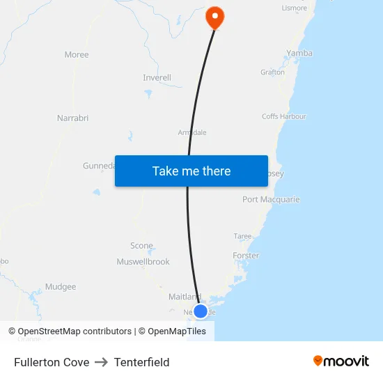 Fullerton Cove to Tenterfield map