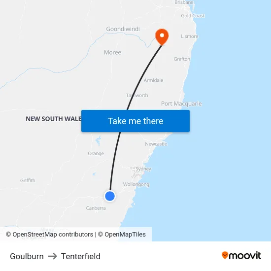 Goulburn to Tenterfield map