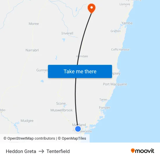 Heddon Greta to Tenterfield map