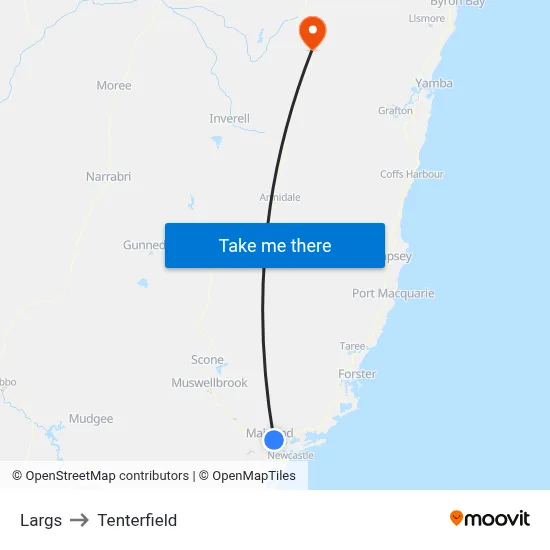 Largs to Tenterfield map
