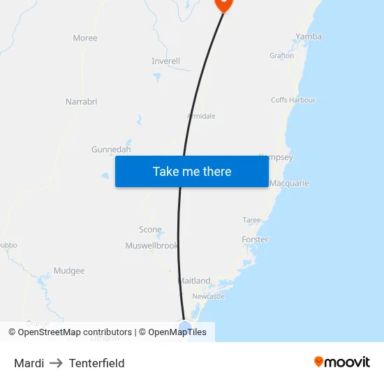 Mardi to Tenterfield map