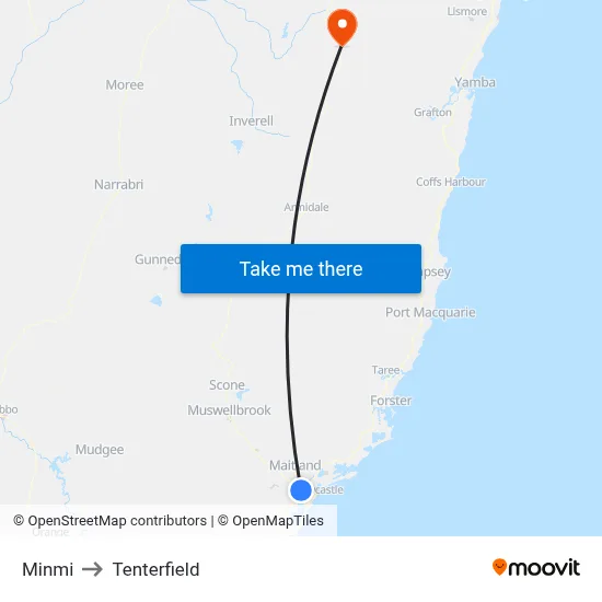 Minmi to Tenterfield map