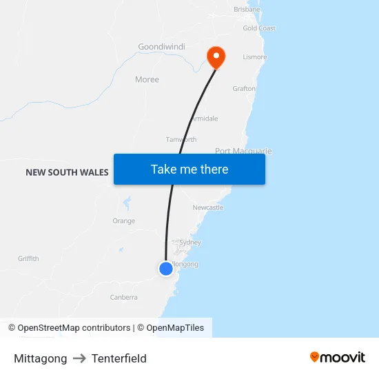Mittagong to Tenterfield map
