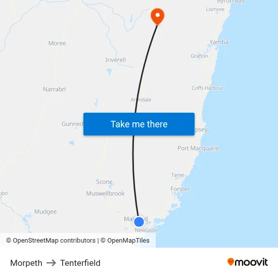 Morpeth to Tenterfield map