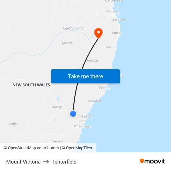 Mount Victoria to Tenterfield map