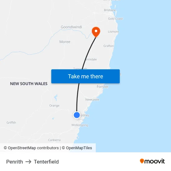 Penrith to Tenterfield map
